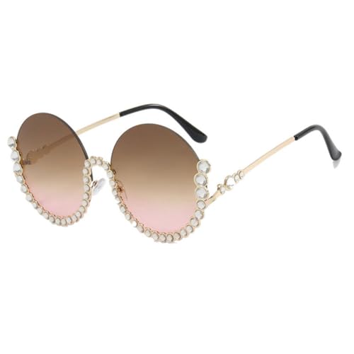 AILYFIRMO Modische Retro-Sonnenbrille mit runden Diamanten, runde Sonnenbrille mit glänzenden Strasssteinen und Halbrahmen für Damen mit Farbverlauf (Brown-Pink) von AILYFIRMO