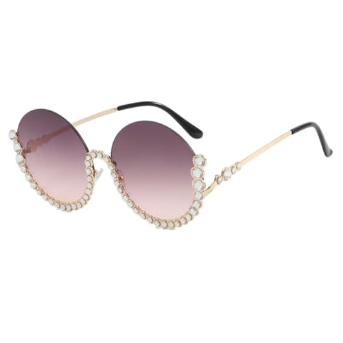 AILYFIRMO Modische Retro-Sonnenbrille mit runden Diamanten, runde Sonnenbrille mit glänzenden Strasssteinen und Halbrahmen für Damen mit Farbverlauf (Gray-Pink) von AILYFIRMO