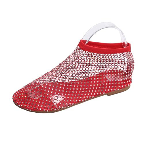 Ultrabequeme, glänzende Edelstein-Mesh-Flats, Durchbrochene Sandalen, Strass-Schuhe für Damen (Red,36) von AILYFIRMO