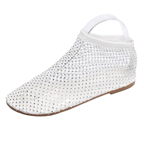 Ultrabequeme, glänzende Edelstein-Mesh-Flats, Durchbrochene Sandalen, Strass-Schuhe für Damen (White,36) von AILYFIRMO