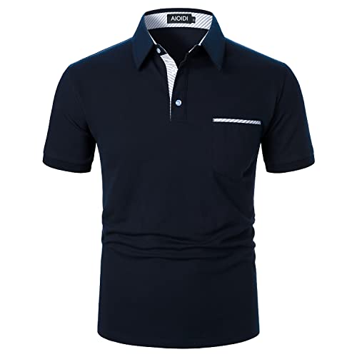 AIOIDI Baumwolle Herren Streifen Kurzarm Poloshirt Basic T-Shirt Tennis Golf Polo Blau M von AIOIDI