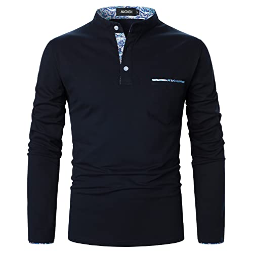 AIOIDI Henry Baumwolle Herren Paisley Poloshirt Langarm Basic Tennis Polohemd Polo Blau S von AIOIDI