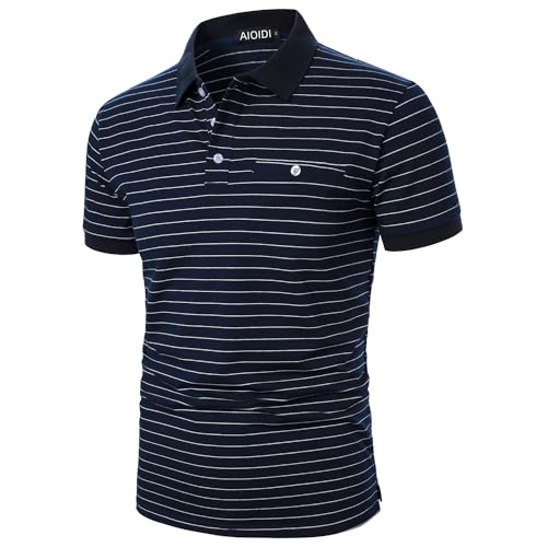 AIOIDI Herren Baumwolle Streifen Kurzarm Poloshirt Basic Golf Polo Blau M von AIOIDI