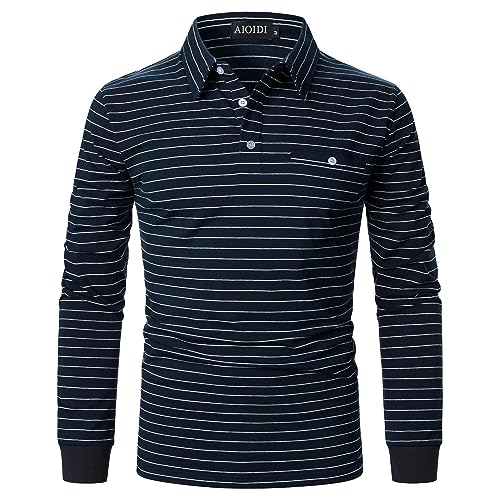 AIOIDI Herren Langarm Poloshirts Lässige Baumwolle Gestreifte T-Shirts mit echter Tasche Blau L von AIOIDI