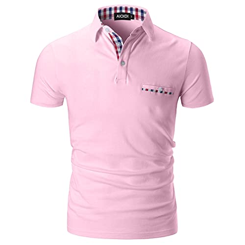 AIOIDI Poloshirt Herren Kurzarm Basic T-Shirt Freizeit Plaid spleißen Polohemd Rosa M von AIOIDI