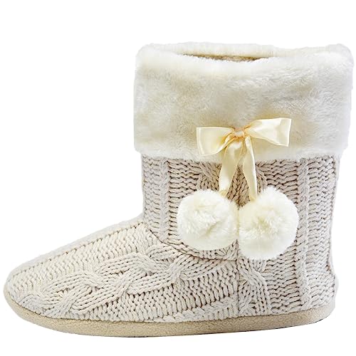 Hausschuhe Damen Pantoffeln Stiefel Schuhe mit weichen Pom Poms Slippers Airee Fairee, Gr. EU 40-41/Large, Beige von AIREE FAIREE