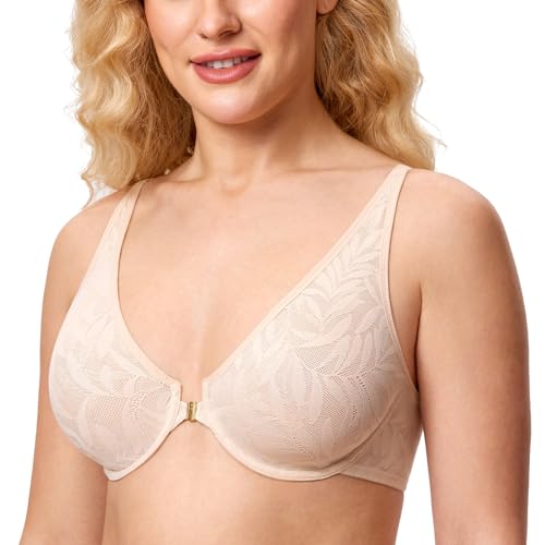 AISILIN Damen BH mit Spitze mit Vorderverschluss Große Größen Bügel ohne Polster Beige 85G von AISILIN