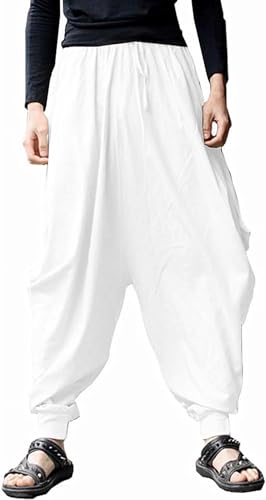 AITFINEISM Männer Haremshose Bequeme Elastische Taille Hosen Mode Einfarbig Casual Yoga Hippies Hosen (weiß 2,XXL) von AITFINEISM