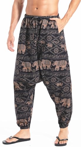 AITFINEISM Herren Baumwolle Baggy Hippie Boho Gypsy Aladin Yoga Haremshose - Braun - Groß von AITFINEISM