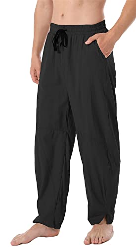 AITFINEISM Herren Casual Leinen Hosen Lose Weites Bein Yoga Leichte Strandhosen (Schwarz,34) von AITFINEISM