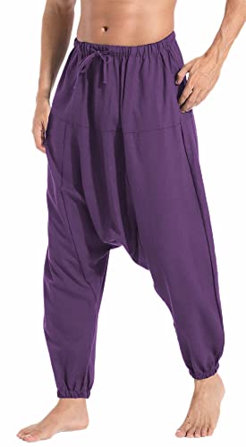 AITFINEISM Herren Harem Hippie Pants Baggy Boho Gemustert Niedriger Schritt Lounge Wide Leg Hose für Yoga Sommer Strand (Violett,S) von AITFINEISM