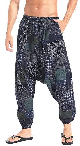 AITFINEISM Herren Harem Hippie Pants Baggy Boho Gemustert Niedriger Schritt Lounge Wide Leg Hose für Yoga Sommer Strand (Blau-1,4XL) von AITFINEISM