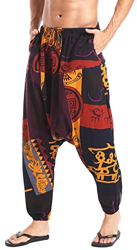 AITFINEISM Herren Harem Hippie Pants Baggy Boho Gemustert Niedriger Schritt Lounge Wide Leg Hose für Yoga Sommer Strand (Gelb,XXL) von AITFINEISM