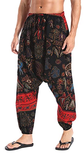 AITFINEISM Herren Harem Hippie Pants Baggy Boho Gemustert Niedriger Schritt Lounge Wide Leg Hose für Yoga Sommer Strand (Rot,M) von AITFINEISM