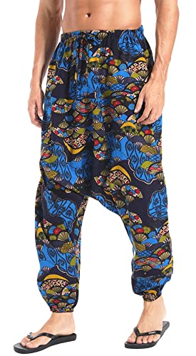 AITFINEISM Herren Harem Hippie Pants Baggy Boho Gemustert Niedriger Schritt Lounge Wide Leg Hose für Yoga Sommer Strand (Blau,L) von AITFINEISM