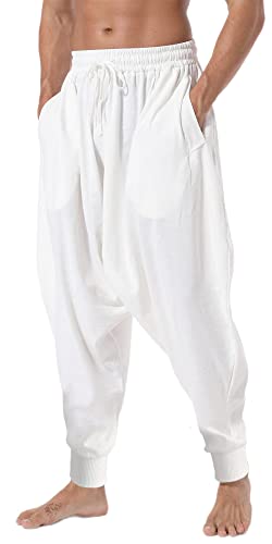 AITFINEISM Männer Haremshose Bequeme Elastische Taille Hosen Mode Einfarbig Casual Yoga Hippies Hosen (Weiß 1,3XL) von AITFINEISM