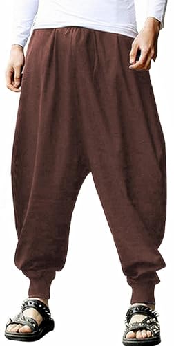 AITFINEISM Männer Haremshose Bequeme Elastische Taille Hosen Mode Einfarbig Casual Yoga Hippies Hosen (Braun,S) von AITFINEISM