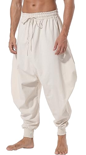 AITFINEISM Herren Tunnelzug Aladin Hippie Haremshose Loose Drop Crotch Hose, Beige, Groß von AITFINEISM