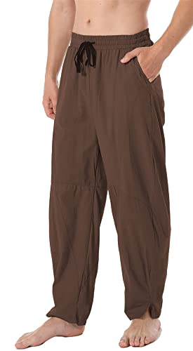 AITFINEISM Herren Casual Leinen Hosen Lose Weites Bein Yoga Leichte Strandhosen (Braun,32) von AITFINEISM