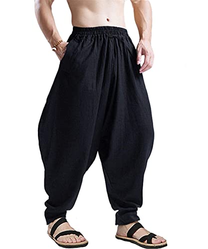 AITFINEISM Männer Haremshose Bequeme Elastische Taille Hosen Mode Einfarbig Casual Yoga Hippies Hosen (Schwarz 2,XL) von AITFINEISM