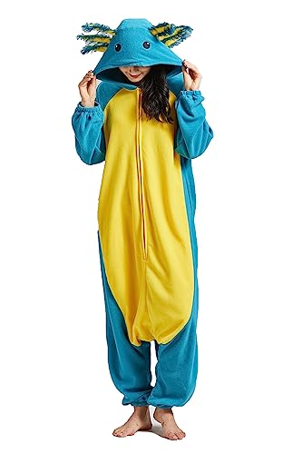 AKAAYUKO Damen Herren Jumpsuit Schlafanzug Pyjama Karneval Kostüm Weihnachten Tiere Onesie Halloween Jumpsuit Schlafanzug Faschingskostüme Overall Nachtwäsche Blauer Salamander von AKAAYUKO