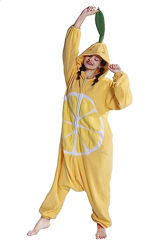 AKAAYUKO Damen Herren Jumpsuit Schlafanzug Pyjama Karneval Kostüm Weihnachten Tiere Onesie Halloween Jumpsuit Schlafanzug Faschingskostüme Overall Nachtwäsche Zitrone von AKAAYUKO