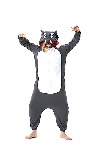 AKAAYUKO Damen Herren Karneval Kostüm Pyjama Weihnachten Tiere Onesie Halloween Jumpsuit Schlafanzug Faschingskostüme Overall Nachtwäsche Cartoon Grauer Wolf von AKAAYUKO