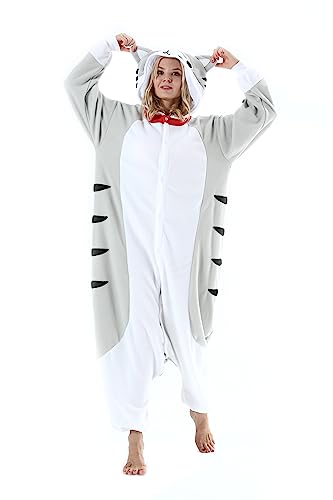 AKAAYUKO Damen Herren Karneval Kostüm Pyjama Weihnachten Tiere Onesie Halloween Jumpsuit Schlafanzug Faschingskostüme Overall Nachtwäsche Grau geblümte Katze von AKAAYUKO