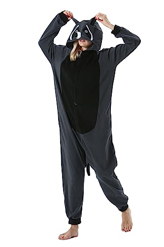 AKAAYUKO Damen Herren Karneval Kostüm Pyjama Weihnachten Tiere Onesie Halloween Jumpsuit Schlafanzug Faschingskostüme Overall Nachtwäsche Grauer Waschbär von AKAAYUKO