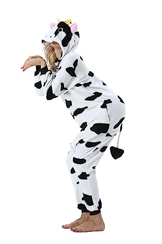 AKAAYUKO Damen Herren Karneval Kostüm Pyjama Weihnachten Tiere Onesie Halloween Jumpsuit Schlafanzug Faschingskostüme Overall Nachtwäsche Milchvieh von AKAAYUKO