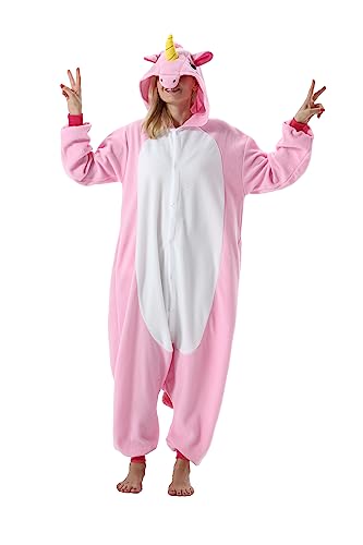 AKAAYUKO Damen Herren Karneval Kostüm Pyjama Weihnachten Tiere Onesie Halloween Jumpsuit Schlafanzug Faschingskostüme Overall Nachtwäsche Rosa Einhorn-XK von AKAAYUKO