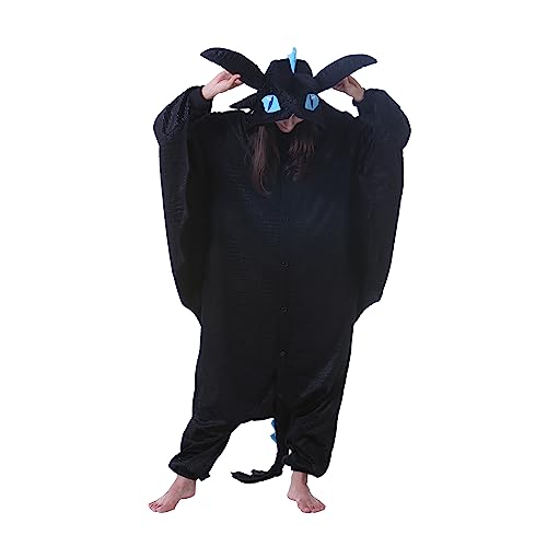 AKAAYUKO Damen Herren Karneval Kostüm Pyjama Weihnachten Tiere Onesie Halloween Jumpsuit Schlafanzug Faschingskostüme Overall Nachtwäsche Schwarzer Drache von AKAAYUKO