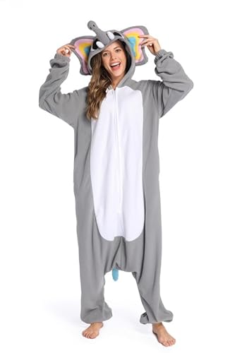 AKAAYUKO Damen Karneval Kostüm Pyjama Herren Weihnachten Halloween Jumpsuit Schlafanzug Tiere Onesie Overall Nachtwäsche Faschingskostüme Elefanten von AKAAYUKO