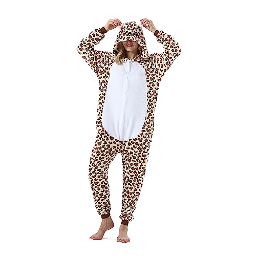 AKAAYUKO Damen Karneval Kostüm Pyjama Herren Weihnachten Halloween Jumpsuit Schlafanzug Tiere Onesie Overall Nachtwäsche Faschingskostüme Leopard von AKAAYUKO