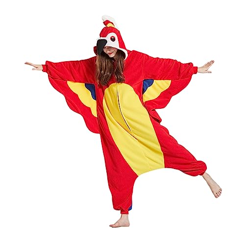 AKAAYUKO Damen Karneval Kostüm Pyjama Herren Weihnachten Halloween Jumpsuit Schlafanzug Tiere Onesie Overall Nachtwäsche Faschingskostüme Roter Papagei von AKAAYUKO