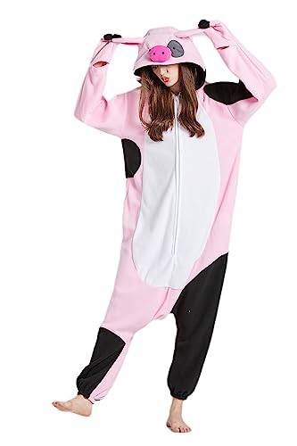 AKAAYUKO Jumpsuit Schlafanzug Tiere Onesie Pyjama Karneval Kostüm Weihnachten Halloween Faschingskostüme Jumpsuit Schlafanzug Overall Nachtwäsche Damen Herren Schwarzgeflecktes Schwein von AKAAYUKO