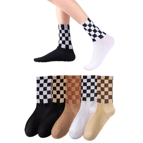 AKAMAS 5 Paare Damen Schwarz-Weiß Karierten Socken,Lustige Schach Schachbrett-Socken,Vintage Atmungsaktive Baumwollsocken Sportsocken,Täglich Lässig Trend Knöchelsocken,Geschenke für Frauen von AKAMAS