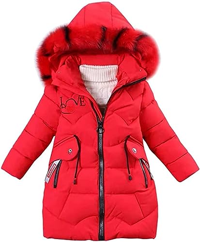 AKAUFENG Mädchen Wintermantel Winterjacke Dicke Steppjacke Warme Parka mit Fellkapuze und Love Stickdruck Design von AKAUFENG