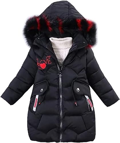 AKAUFENG Mädchen Wintermantel Winterjacke Dicke Steppjacke Warme Parka mit Fellkapuze und Love Stickdruck Design von AKAUFENG