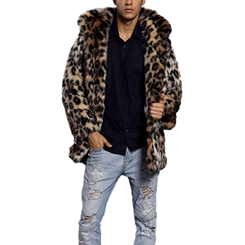 AKAUFENG Pelzmantel Mit Kapuze Kunst Felljacke Herren Leopard Muster Design Wind Coat Winterjacke Mantel Kunstpelz von AKAUFENG