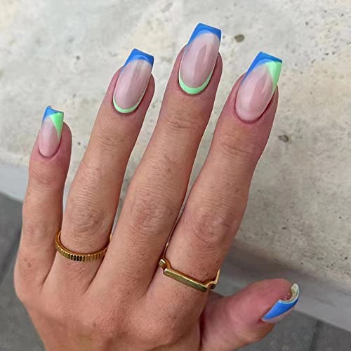 24 Stück Mittel Press on Nails, Green und Blue Kunstnägel Nägel, Coffin Künstliche Nägel Zum Aufkleben, Ballerina Fake Nails Fingernägel mit Nagelkleber für Frauen von AKOFIC