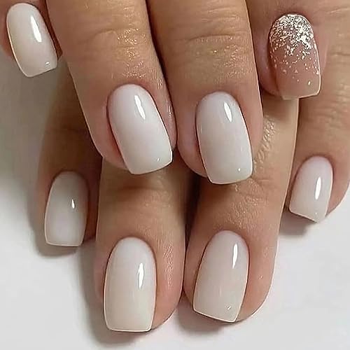 AKOFIC 24 Stück Eckig Nägel zum Aufkleben Kurz, Press on Nails French mit Nagelkleber Aufkleber, Glossy Fake Nails Weiß Glitzer Design, Acryl Ballerina Künstliche Fingernägel für Frauen Mädchen von AKOFIC