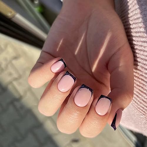 AKOFIC 24 Stück Eckig Nägel zum Aufkleben Kurz, Press on Nails French mit Nagelkleber Aufkleber, Natur Nude Fake Nails Glitzer Blau Design, Acryl Ballerina Künstliche Fingernägel für Frauen Mädchen von AKOFIC