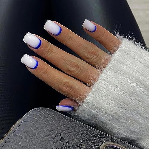 AKOFIC 24 Stück Eckig Nägel zum Aufkleben Kurz, Press on Nails French mit Nagelkleber Aufkleber, Weiß Blau Fake Nails Design, Acryl Ballerina Künstliche Fingernägel für Frauen Mädchen von AKOFIC