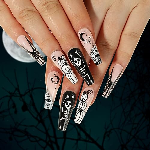 AKOFIC 24 Stück Halloween Künstliche Nägel Zum Aufkleben Sarg, Press on Nails Kunstnägel mit Klebepads, Gothic Fake Nails Schwarz Weiß Skelett Kürbis Design Falsche Fingernägel für Frauen Cosplay von AKOFIC