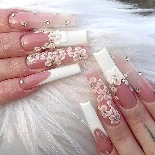 AKOFIC 24 Stück Nägel zum Aufkleben Lang, Sarg Press on Nails French, Nude Weiß Ballerina Kunstnägel mit Blumen Diamond Design, Coffin Fake Nails Künstliche Fingernägel für Frauen Mädchen von AKOFIC