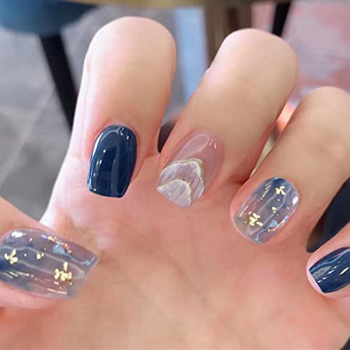 AKOFIC 24 Stück Press on Nails Kurz, French Quadrat Künstliche Nägel, Nägel Zum Aufkleben mit Jelly Nagelkleber, Ballerina Acryl Fake Nails für Frauen und Mädchen (Blau Glänzend) von AKOFIC