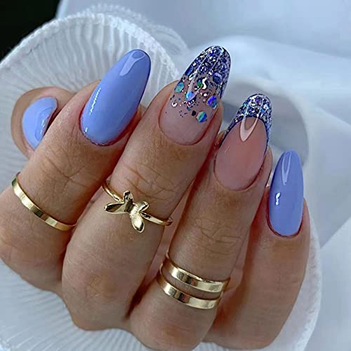 AKOFIC 24 Stück Press on Nails Kurz Mandel, French Ballerina Acryl Künstliche Nägel, Nägel Zum Aufkleben mit Jelly Nagelkleber, Fake Nails für Frauen Mädchen (Ovale Pailletten Blau) von AKOFIC