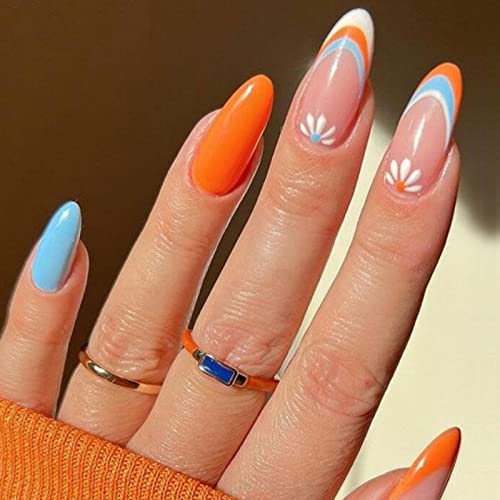 AKOFIC 24 Stück Press on Nails Mandel, French Oval Acryl Künstliche Nägel, Nägel Zum Aufkleben mit Jelly Nagelkleber, Stiletto Blau Orange Fake Nails für Frauen Mädchen von AKOFIC