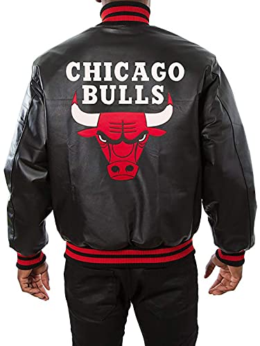 AKSAH FASHION Herren Bulls Red Logo Chicago Bomber Baseball Schwarz Echtleder Jacke, Leder, XXL von AKSAH FASHION
